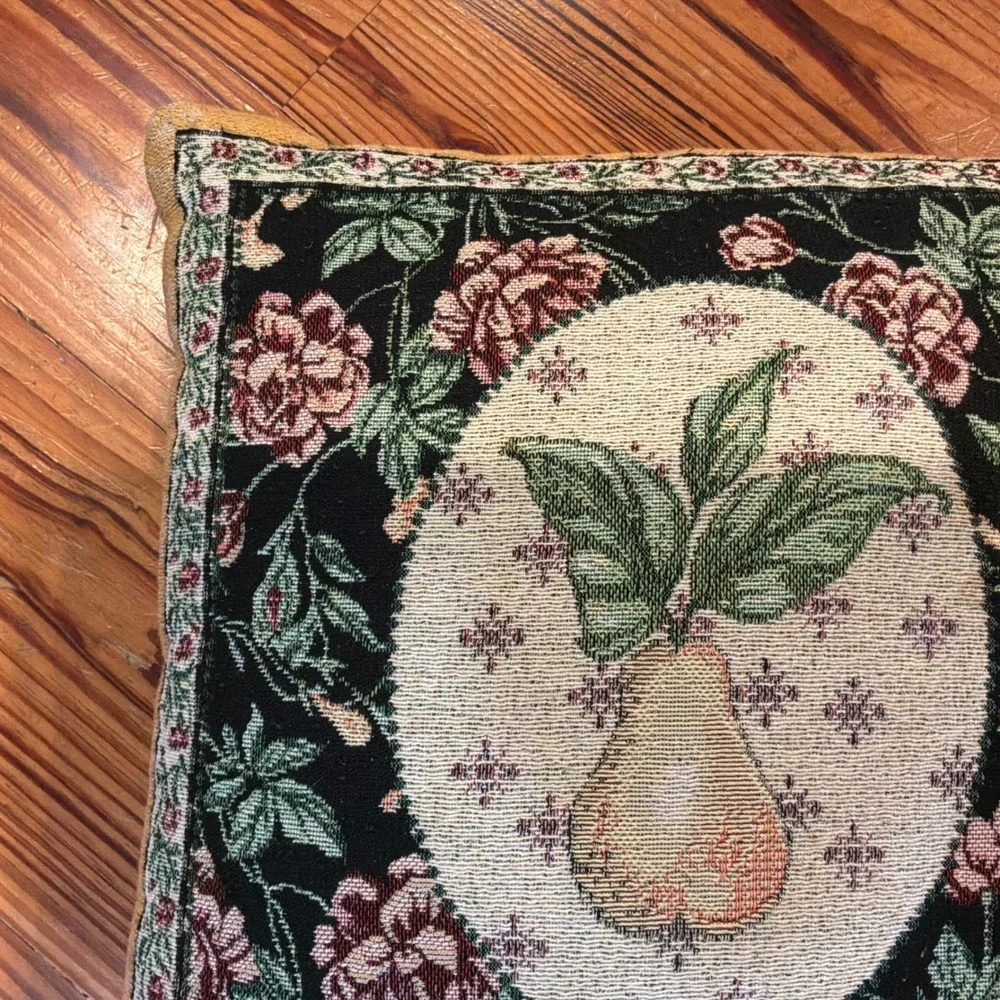 VTG Woven Tapestry Fruit Pear Rose Floral Decorative Pillow 14